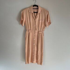 Vintage Anne Klein II Linen Shirt Dress Women size 6 Midi Short Sleeve Pink